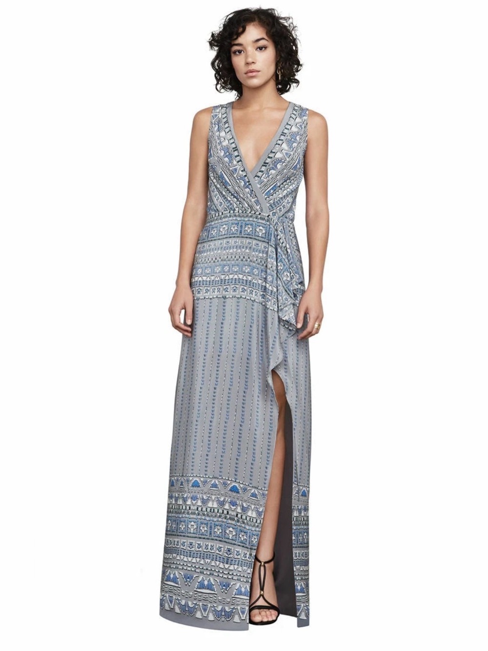 BCBGMAXAZRIA Koko Printed Faux Wrap High Slit Maxi Dress Gray Size 2